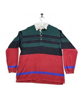 Vintage G.H. Bass & Co. Rugby Polo Shirt Green Navy Red Striped Men's M